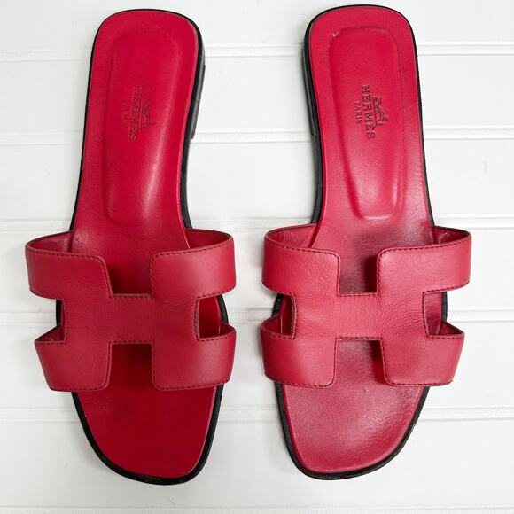 Hermès Red Oran H Cutout Leather Sandals Flat Slide Size 39 Minimalist - Picture 1 of 8